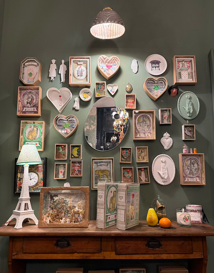 Picture of a wall with souvenir items hung up