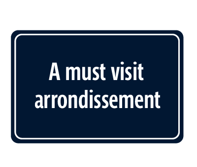 Dark blue and white signage behind text
