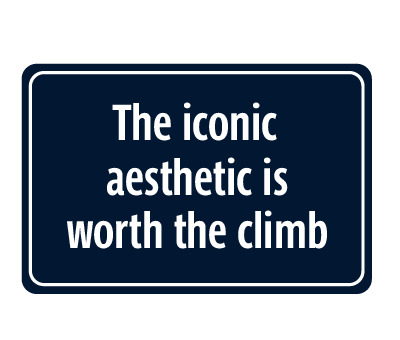 Dark blue and white signage behind text